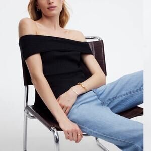 Madewell Sz XL NWT Black Ribbed Off-the-Shoulder Top Short Sleeve Stretchy Basic